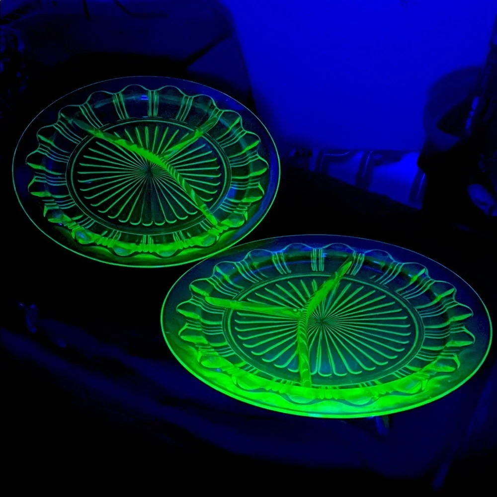 Pair Vintage uranium glowing Glass 3 section Plates 10”